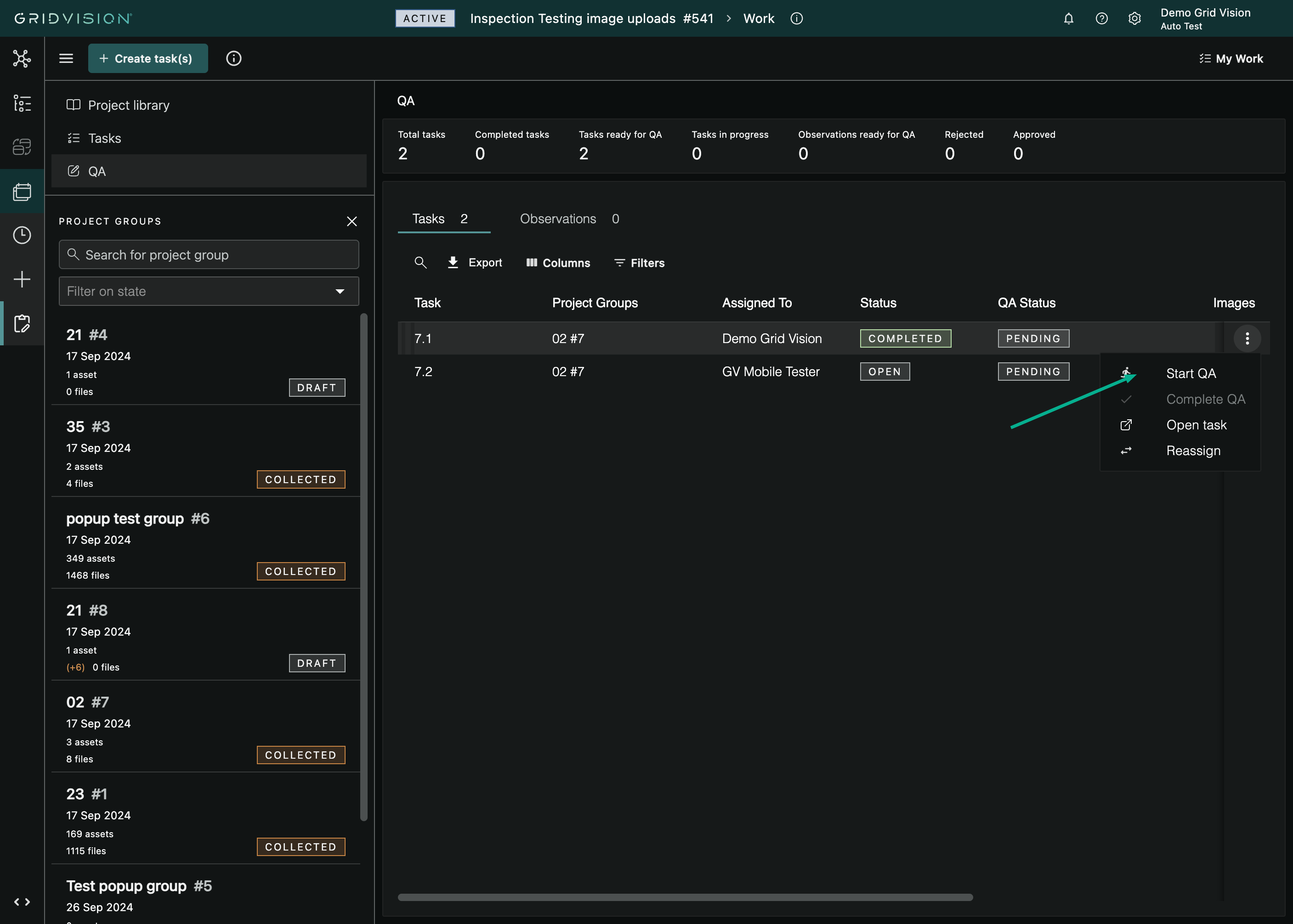 QA Tasks tab